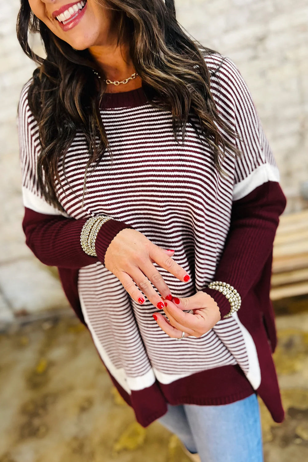 Green Stripe Color Block Patchwork Dolman Oversize Tunic Sweater