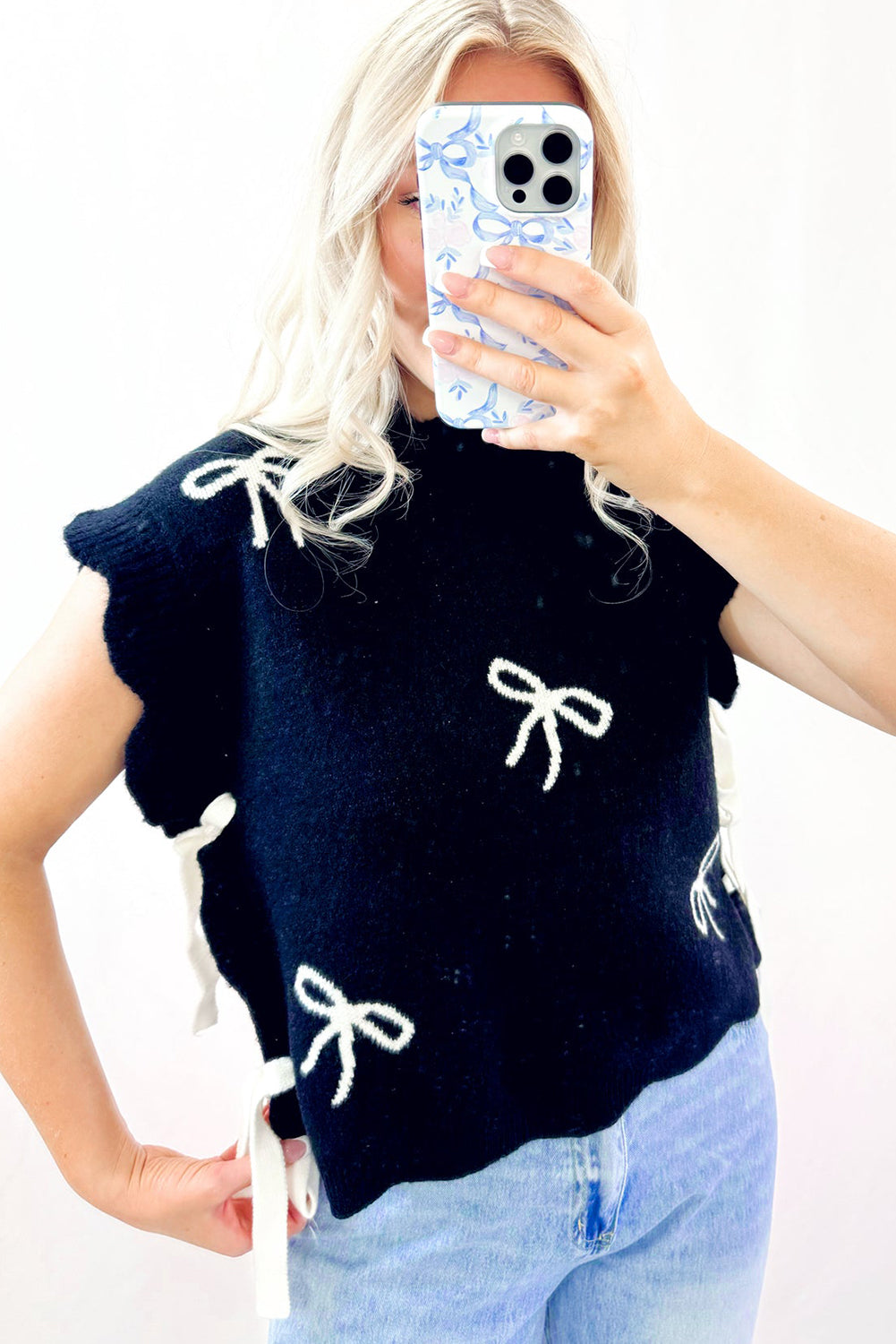 Black Bow Print Side Tie Scalloped Hem Knit Top