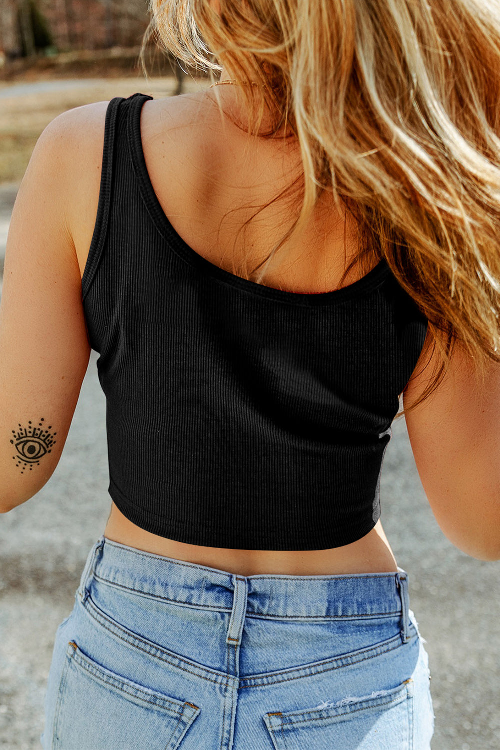 Wholesale Black Solid Color Ribbed Knit Crop Tank Top