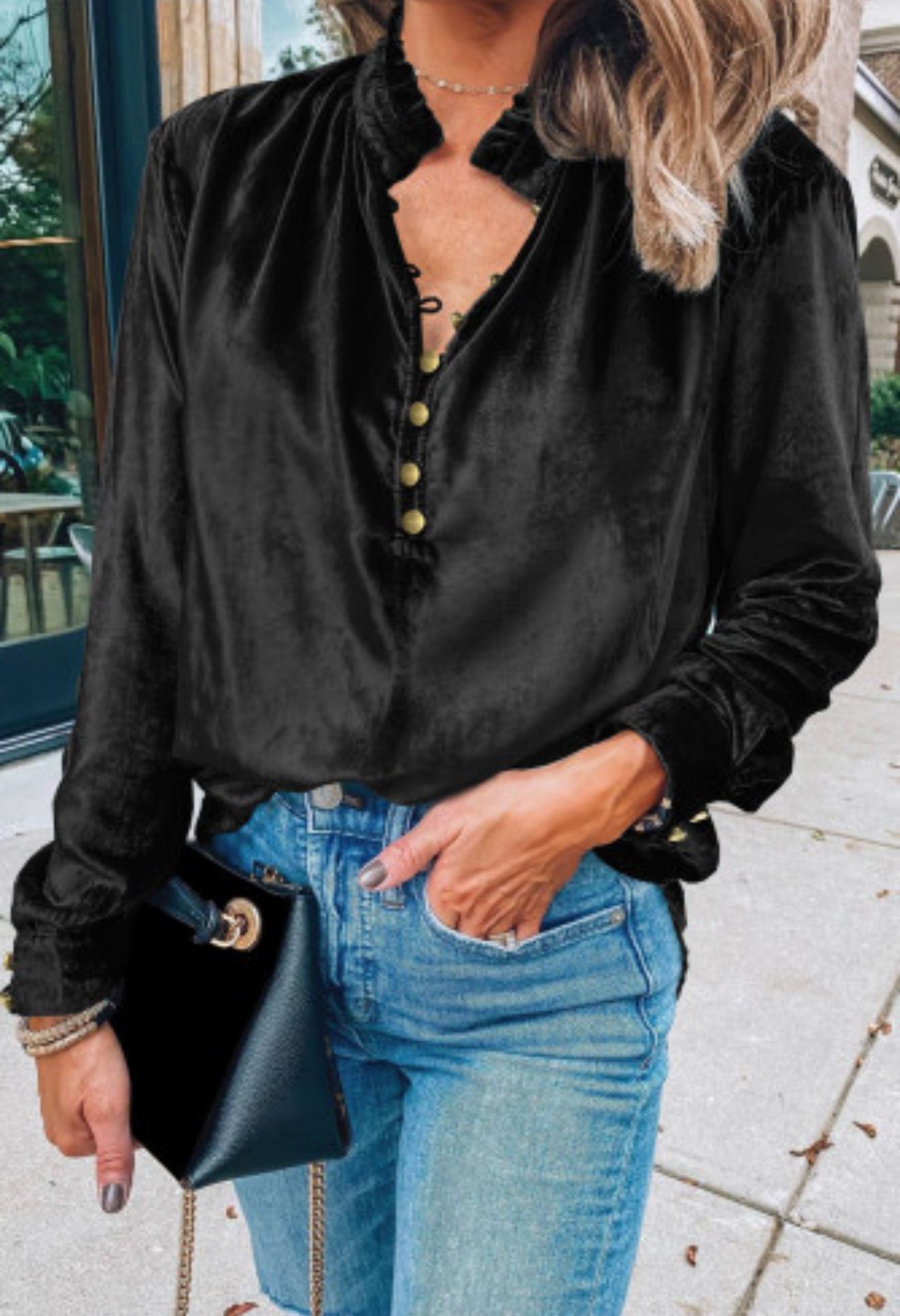 Willow Black Frilled Neck Buttoned Front Velvet Top