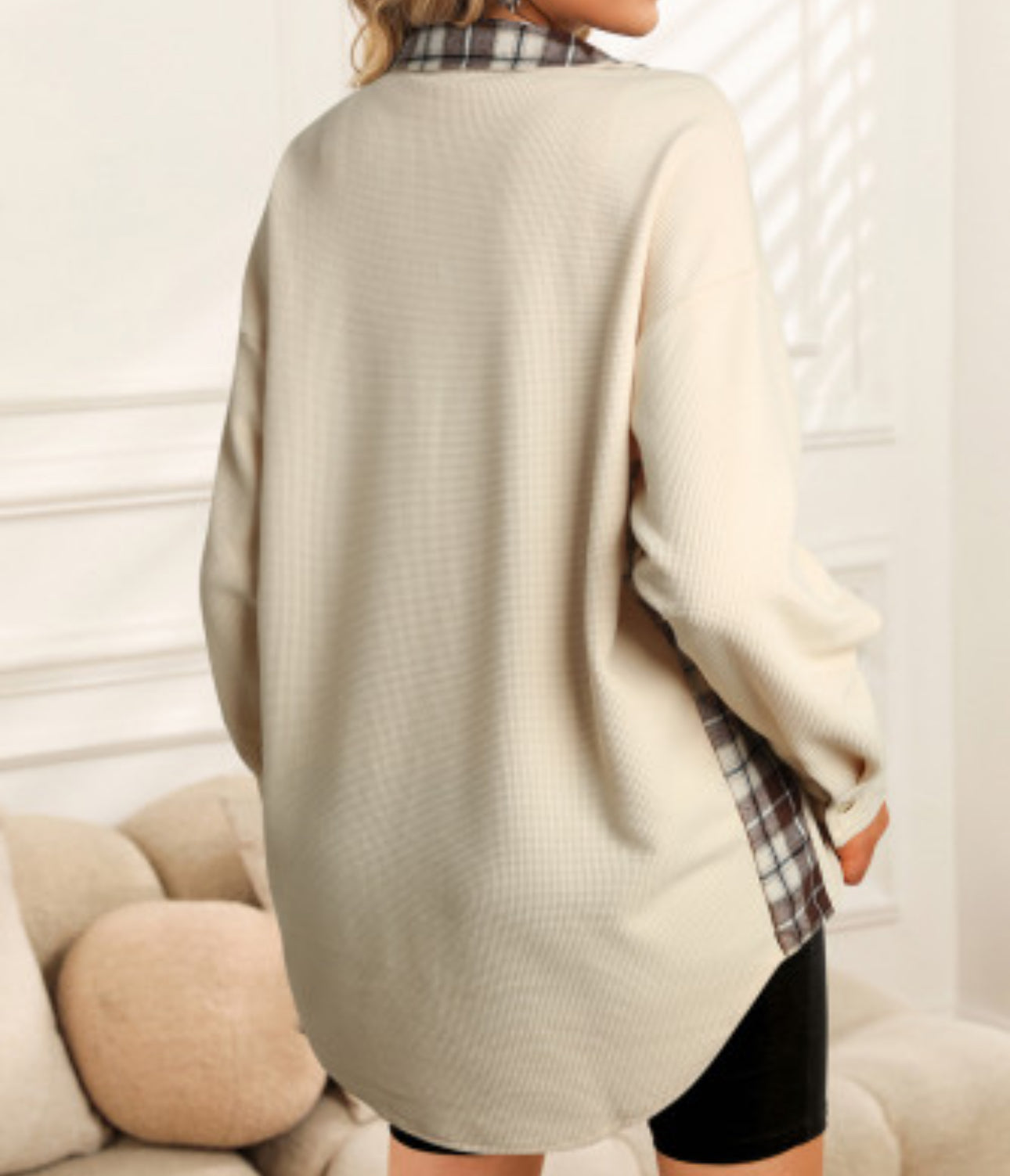 Lainey Apricot Plaid and Thermal Waffle Patchwork Shacket
