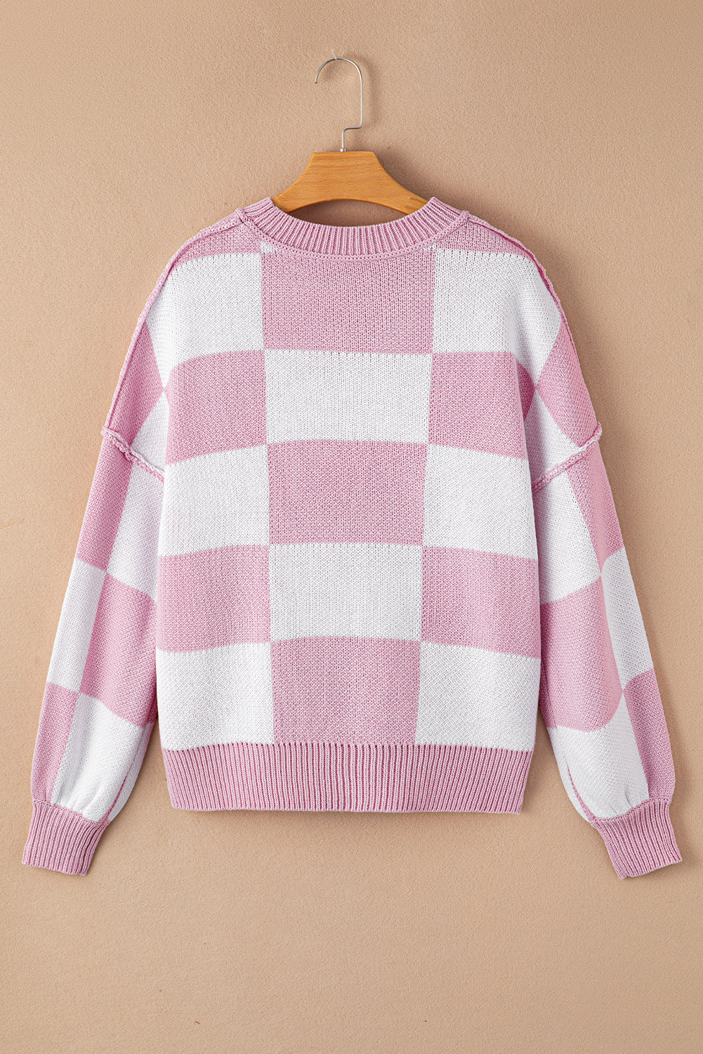 Dark Brown Plaid Bishop Sleeve Pullover Sweater