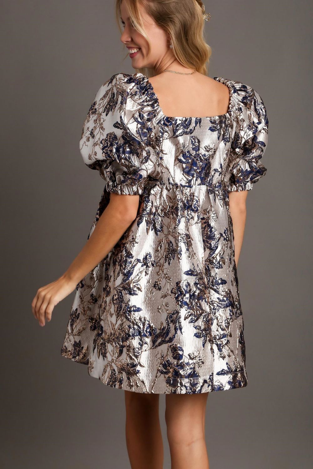 Cora Metallic Jacquard Puff Sleeve Dress