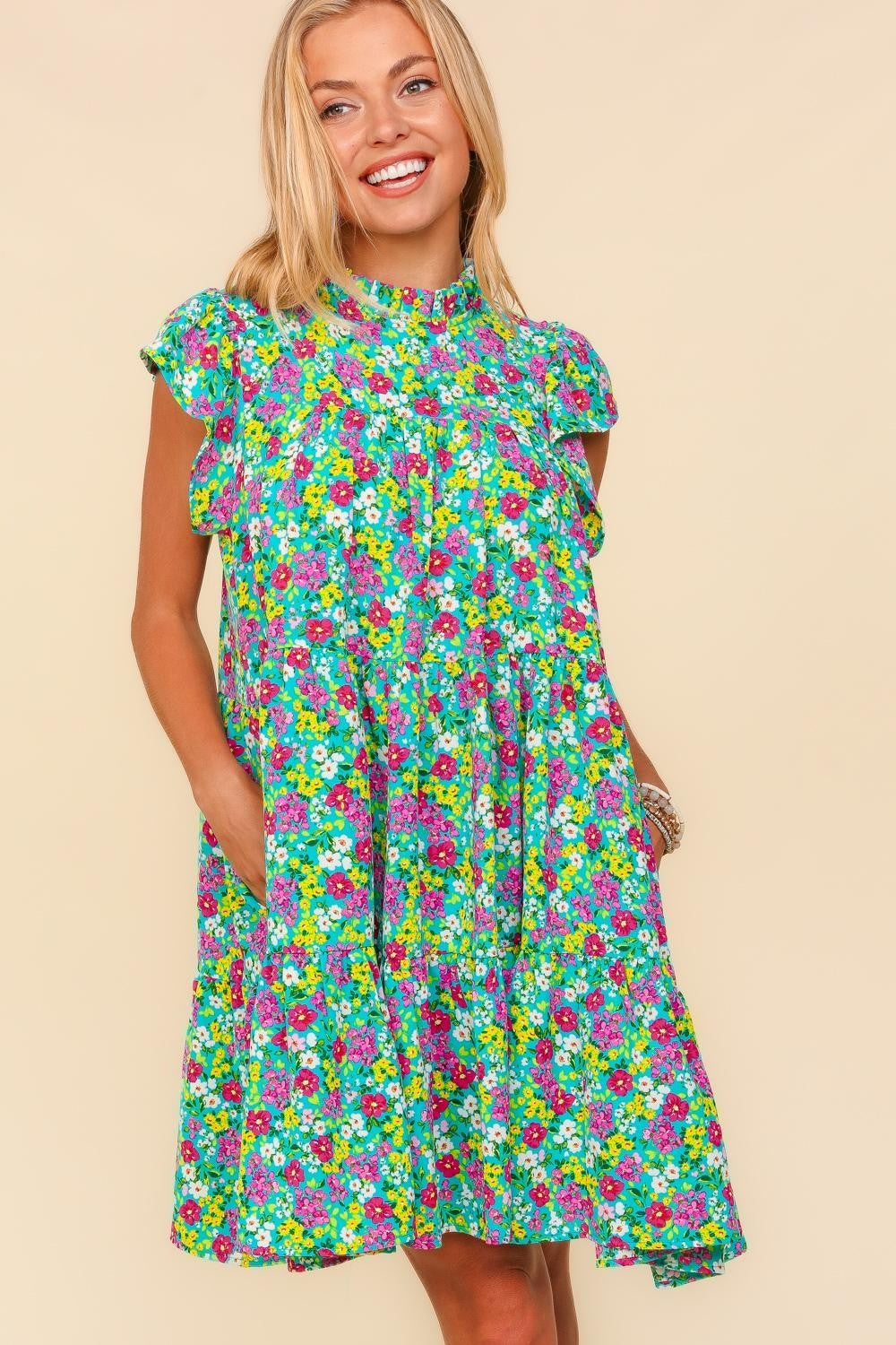 Berry Haptics Frilled Mock Neck Ditsy Floral Dress