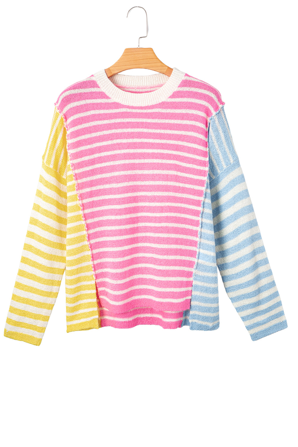 Multicolour Colorblock Striped Patchwork Dolman Sleeve Slit Sweater