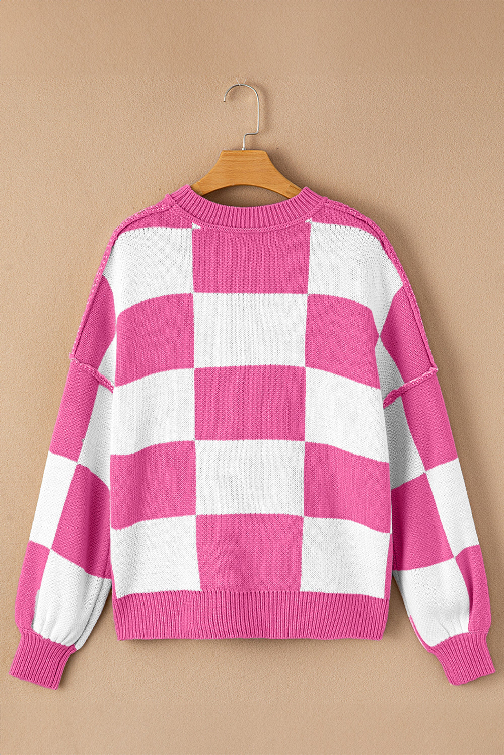 Dark Brown Plaid Bishop Sleeve Pullover Sweater