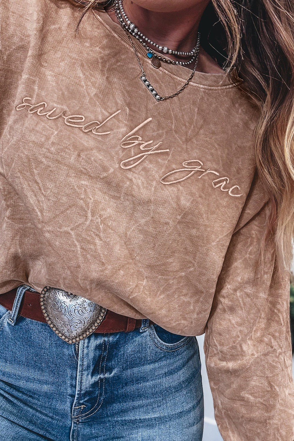 Sea Green saved by grace Letter Embroidery Mineral Wash Loose Sweatshirt