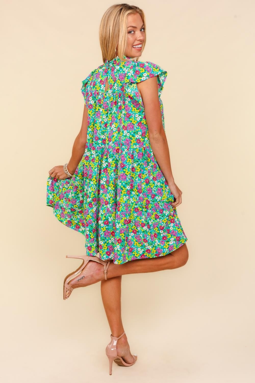 Berry Haptics Frilled Mock Neck Ditsy Floral Dress