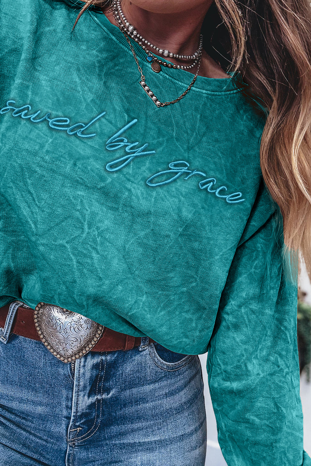 Sea Green saved by grace Letter Embroidery Mineral Wash Loose Sweatshirt