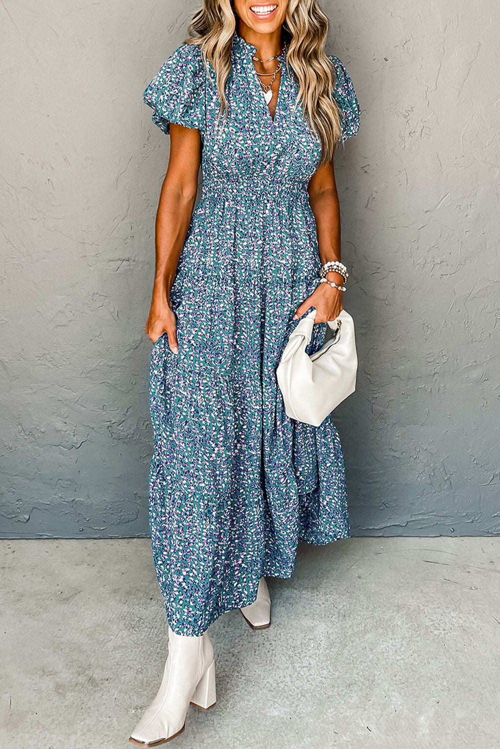 Olivia Blue Abstract Print Split V Neck Shirred High Waist Maxi Dress