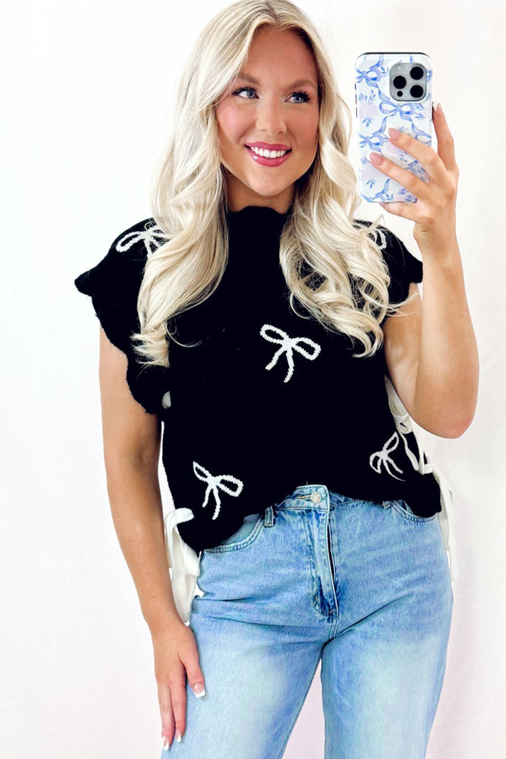 Black Bow Print Side Tie Scalloped Hem Knit Top