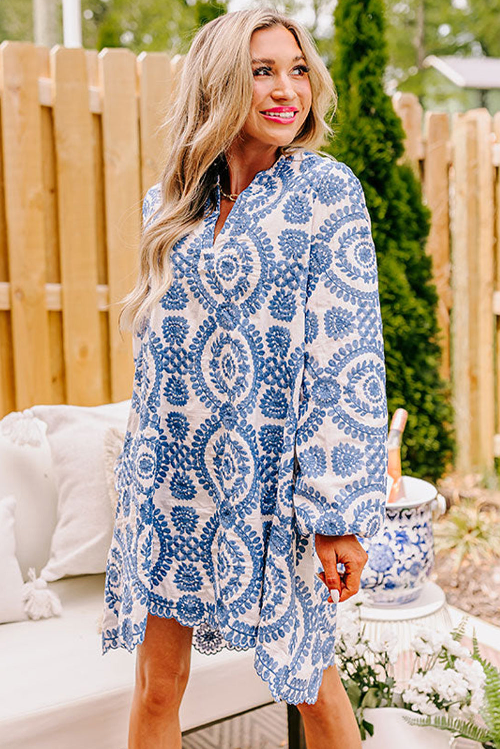 Annie Blue Boho Floral Embroidered Notch V Neck Mini Dress