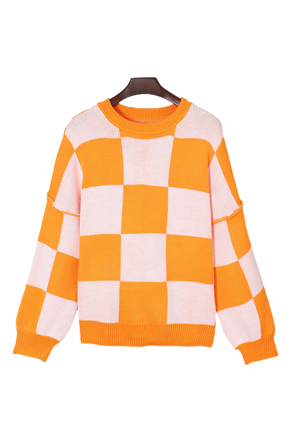 Dark Brown Plaid Bishop Sleeve Pullover Sweater