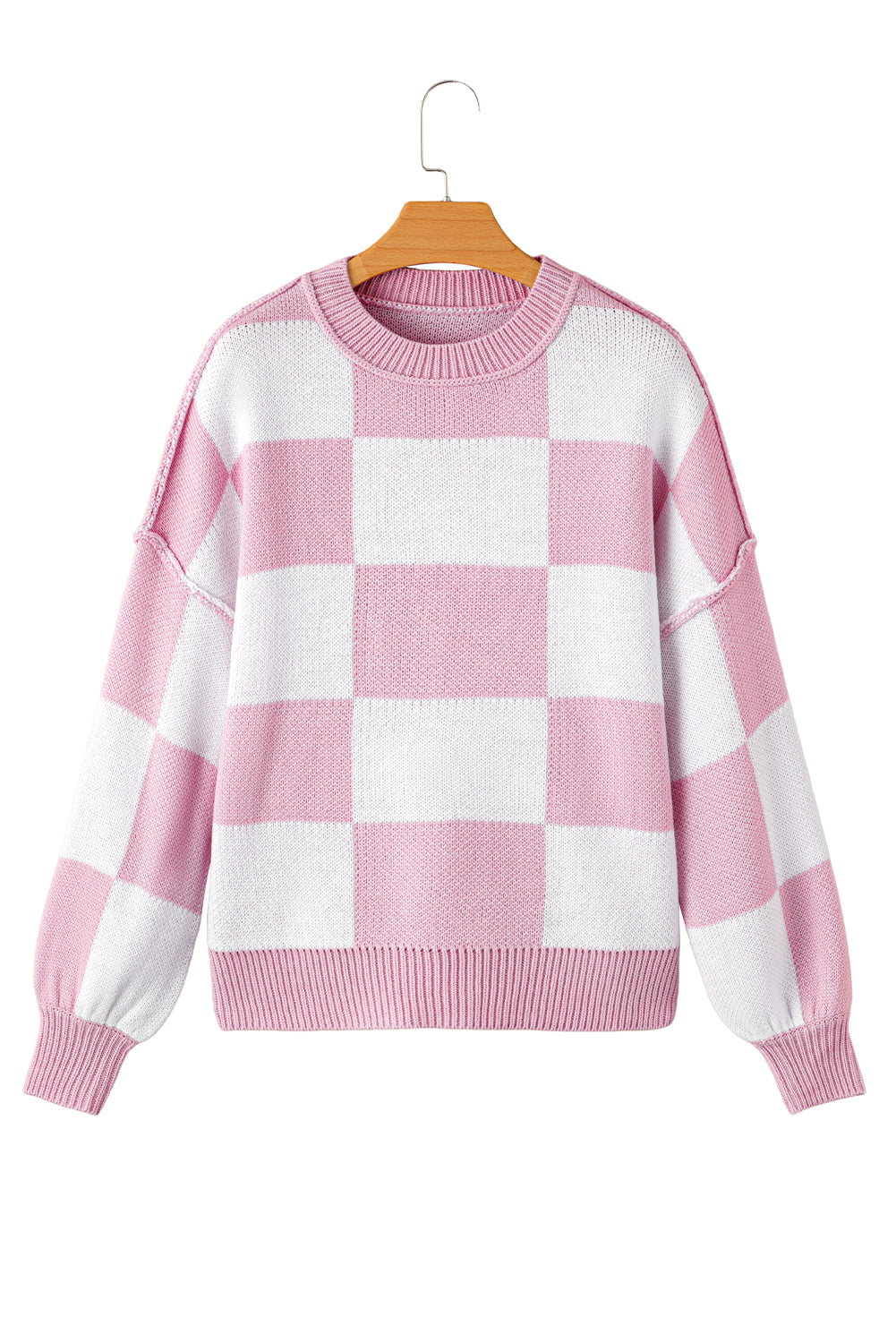 Dark Brown Plaid Bishop Sleeve Pullover Sweater