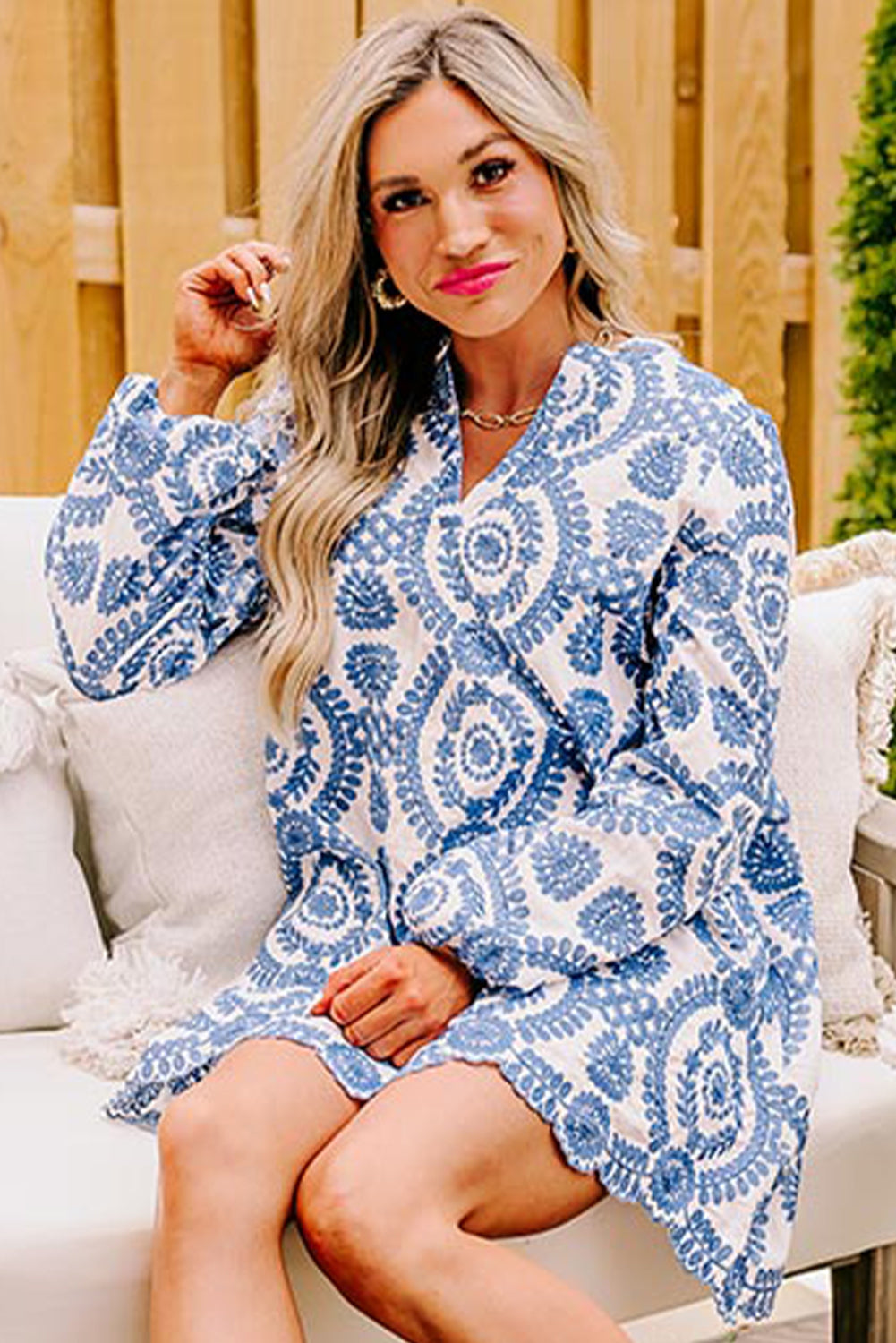 Annie Blue Boho Floral Embroidered Notch V Neck Mini Dress