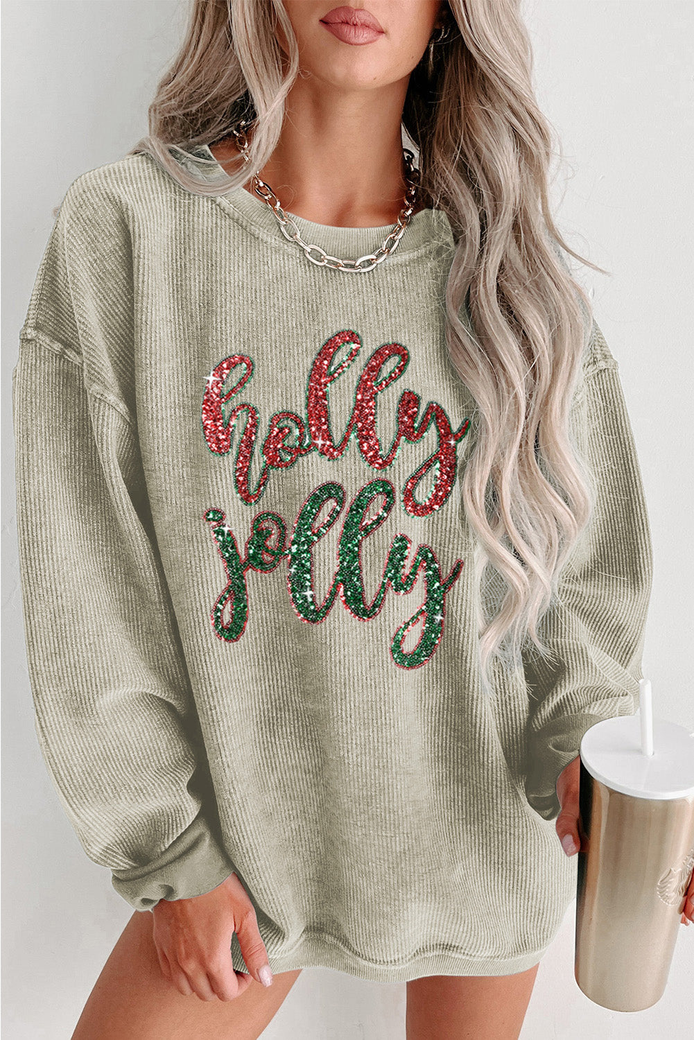 Green Sequin holly jolly Letter Patch Application Corded Sweatshirt