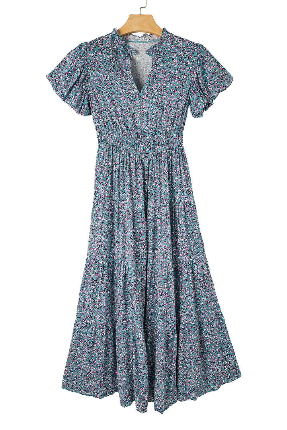 Olivia Blue Abstract Print Split V Neck Shirred High Waist Maxi Dress