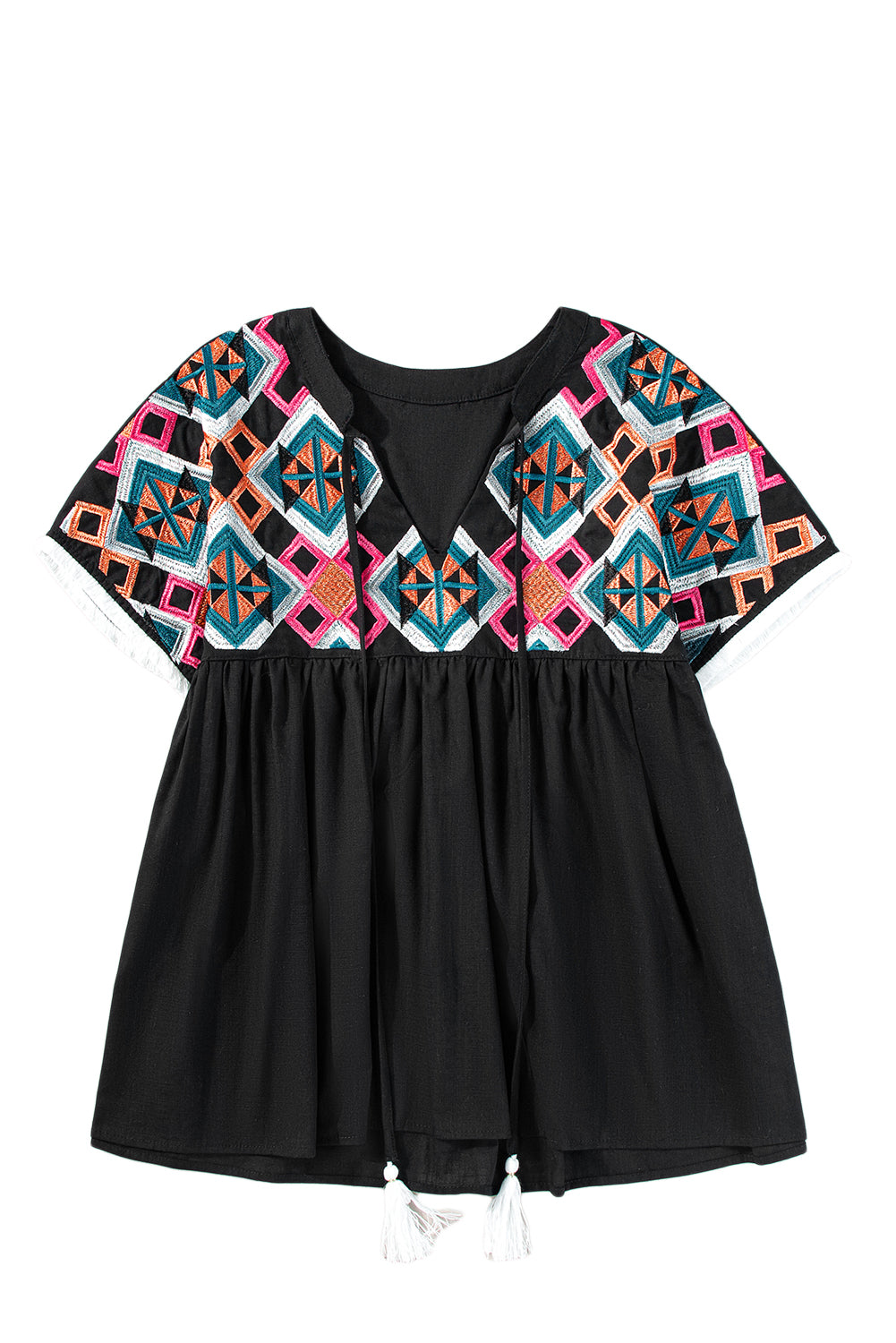 Wholesale Black Geometric Embroidered Smocked Neck Puff Sleeve Top