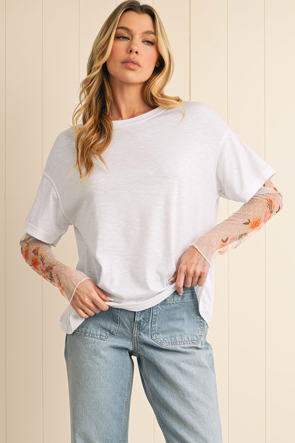 Black Floral Mesh Sleeve Fake Two-Piece Top