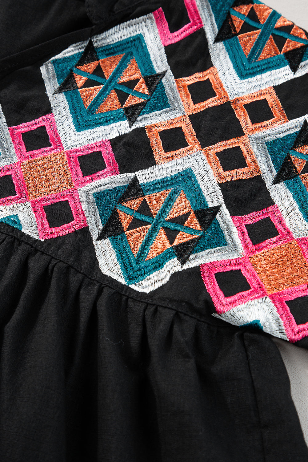 Wholesale Black Geometric Embroidered Smocked Neck Puff Sleeve Top