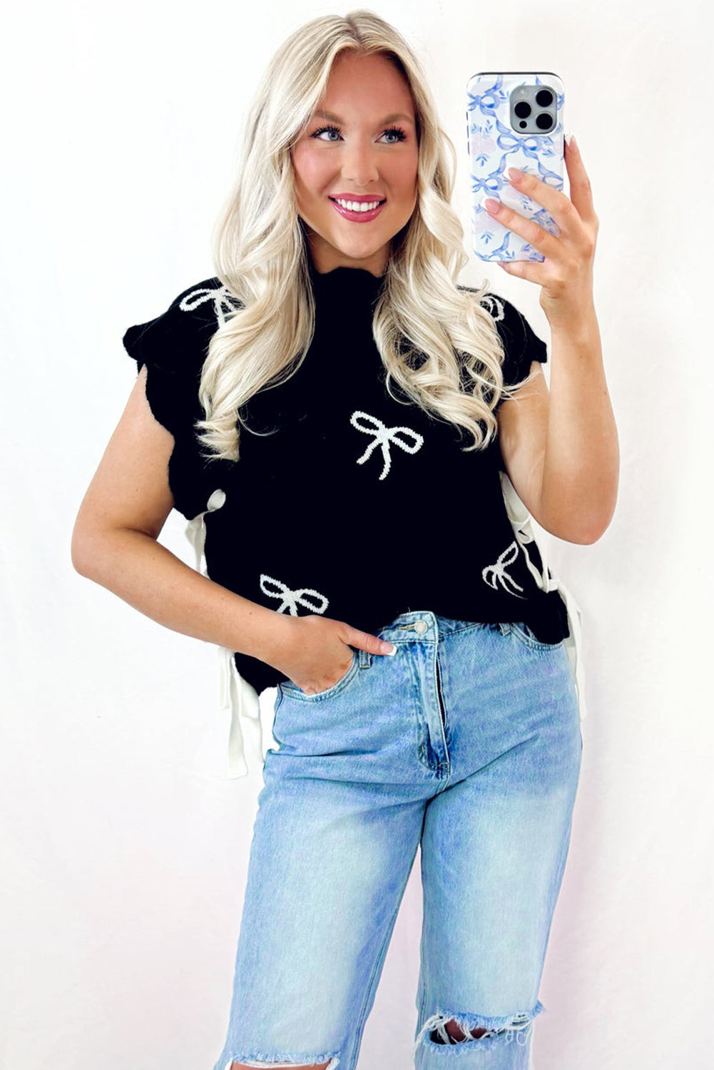Black Bow Print Side Tie Scalloped Hem Knit Top