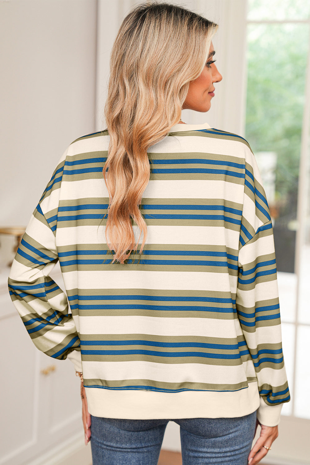 Brown Stripe Crew Neck Drop Shoulder Pullover Sweatshirt