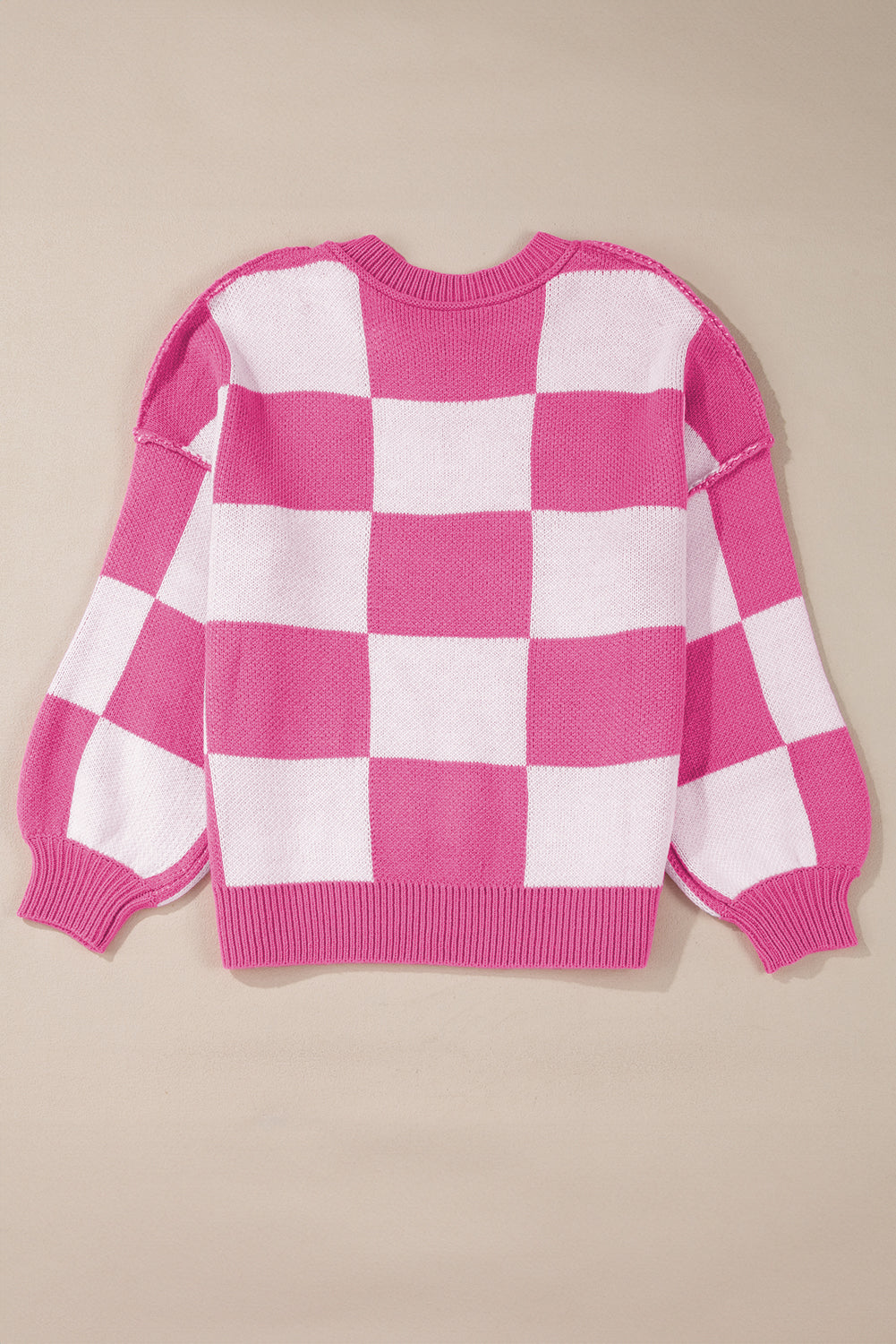 Dark Brown Plaid Bishop Sleeve Pullover Sweater