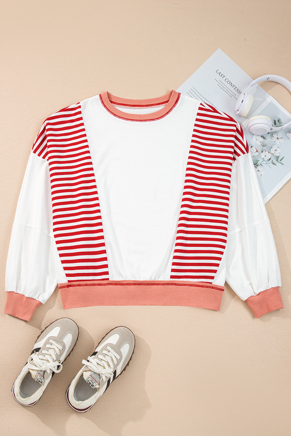 White Striped Colorblock Patchwork Oversized Sweatshirt