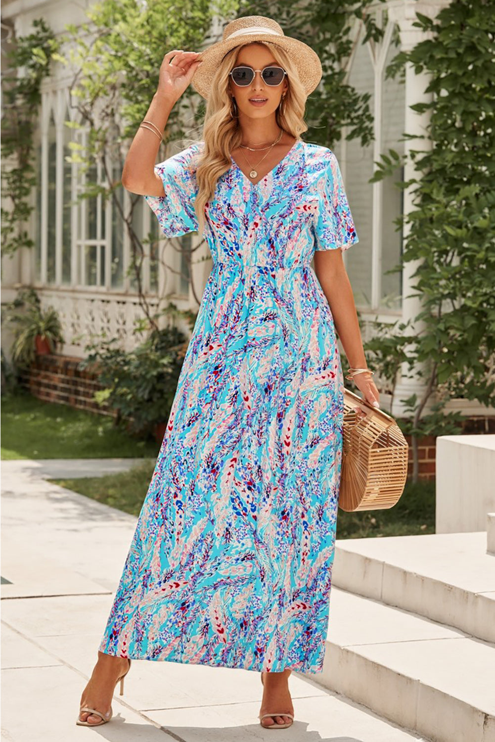 Aubrey Abstract Print Wrap V Neck Flutter Sleeve Mid Length Summer Dress