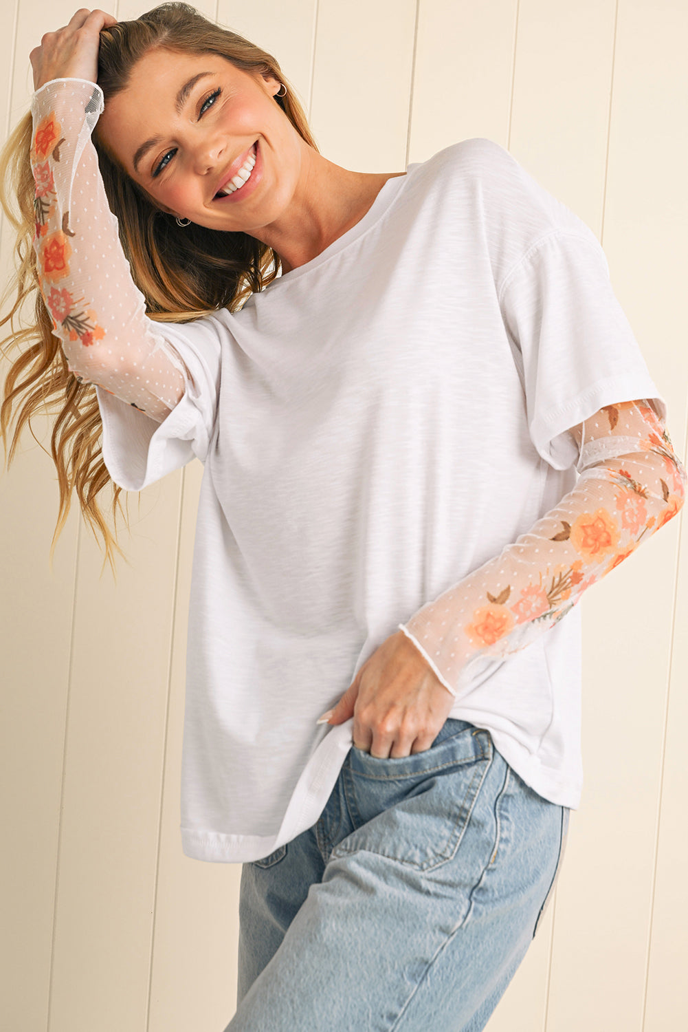 Black Floral Mesh Sleeve Fake Two-Piece Top