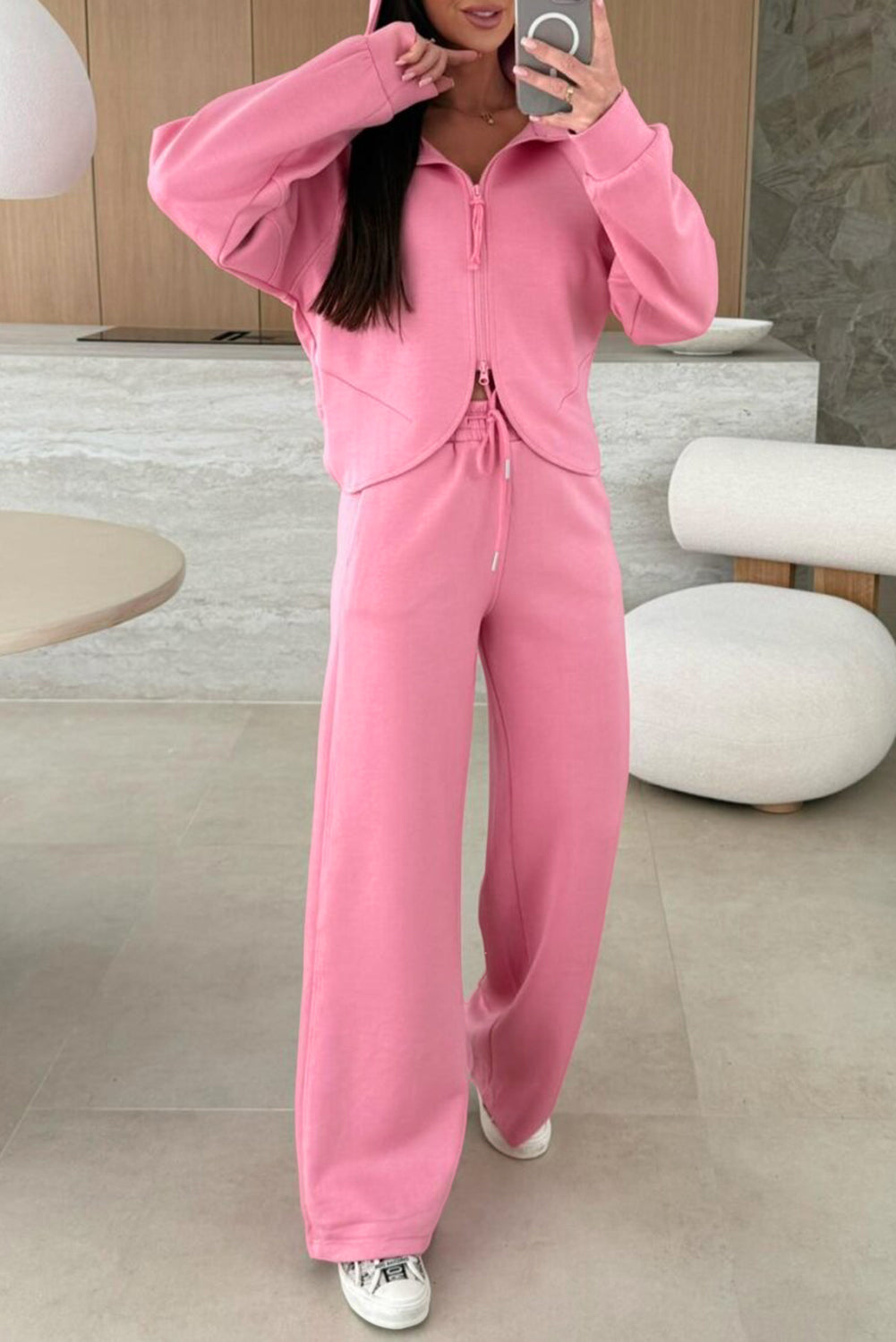 Pink Solid Color Zip Up Hoodie Drawstring Loose Pants Set