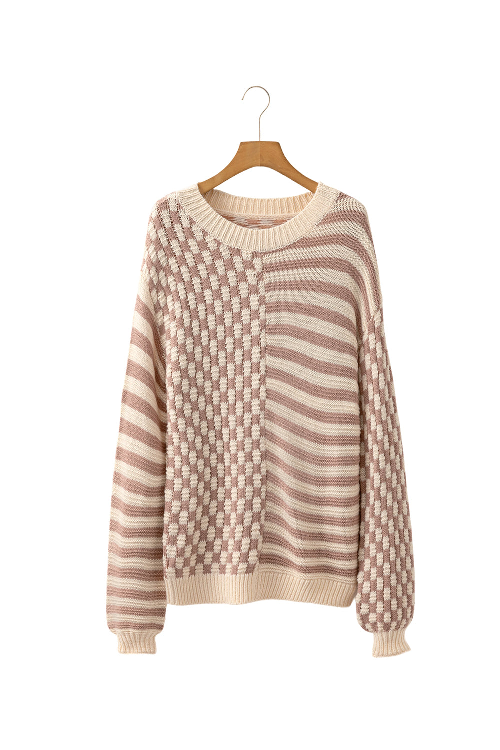 Khaki Stripe Checkerboard Drop Shoulder Balloon Sleeve Sweater
