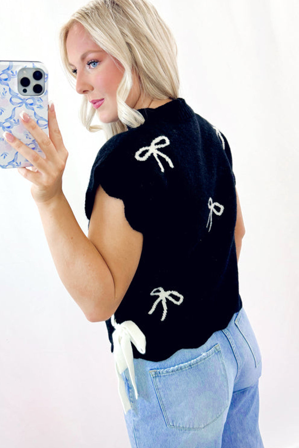 Black Bow Print Side Tie Scalloped Hem Knit Top