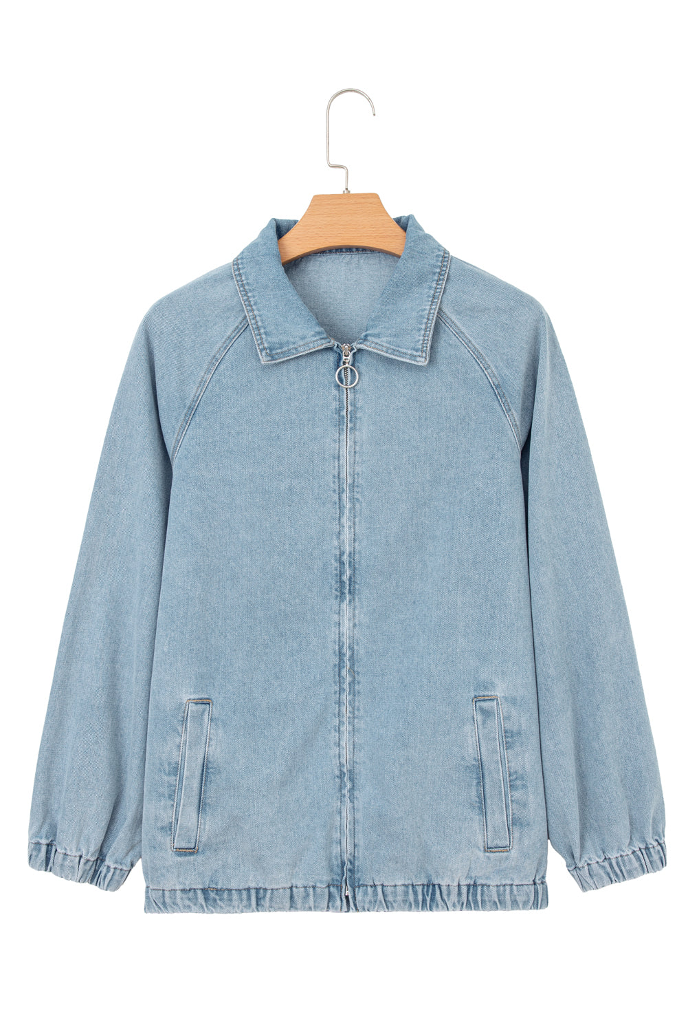 Myosotis Elastic Hem Collared Zip Up Denim Jacket