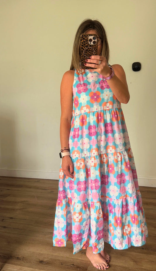 Retro Floral Tiered Maxi Dress