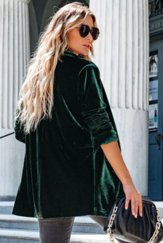 Holly Green Lapel Collar Velvet Blazer with Flap Pockets