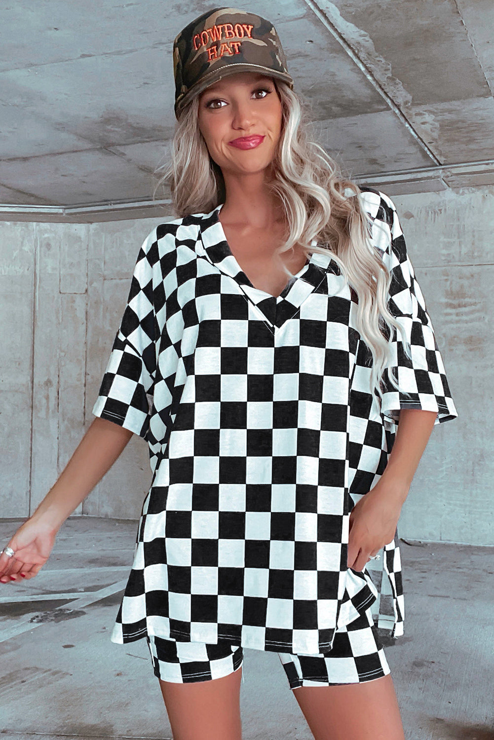 Black Checkered Print V Neck Pocketed Pajama Set