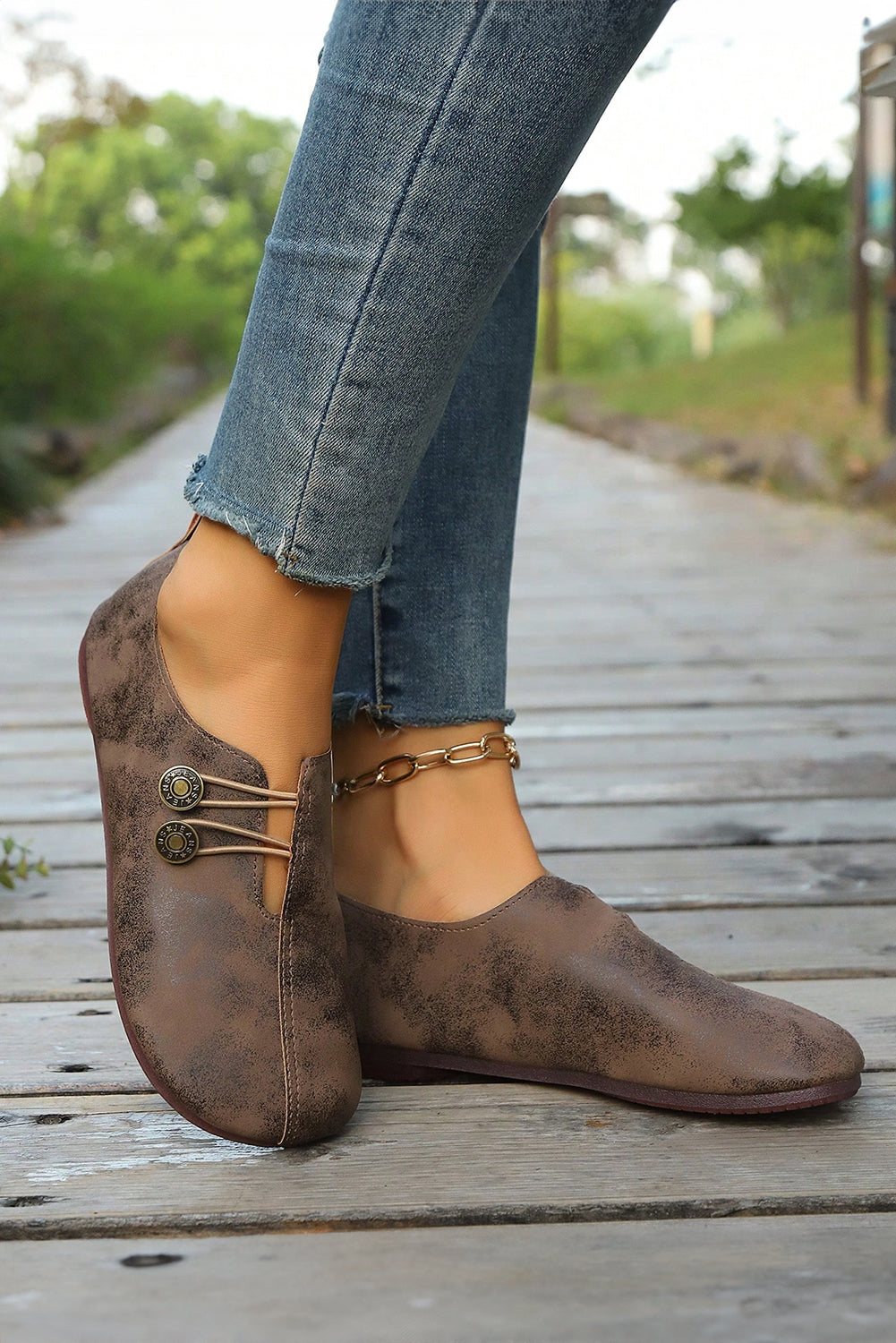 Coffee Button Detail Vintage Faux Leather Loafer Shoes