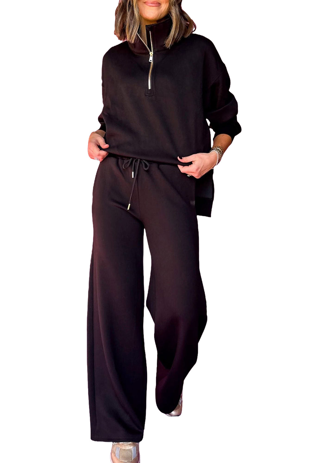 Black Zipper Stand Neck Top and Wide Leg Pants Set