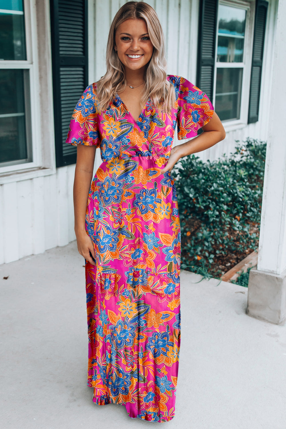 Aubrey Abstract Print Wrap V Neck Flutter Sleeve Mid Length Summer Dress