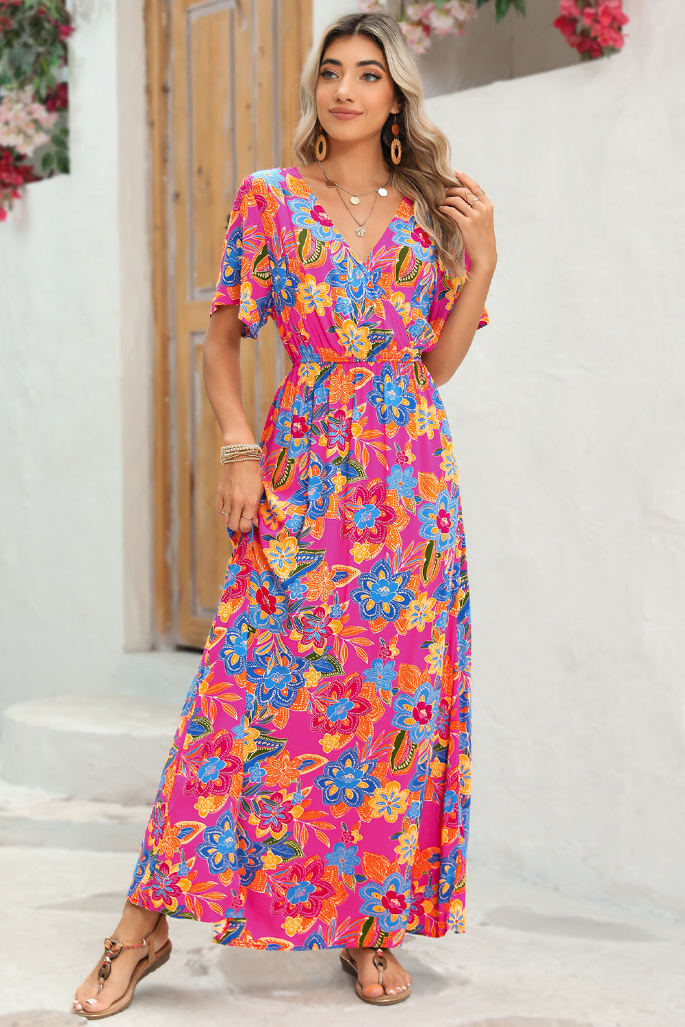 Aubrey Abstract Print Wrap V Neck Flutter Sleeve Mid Length Summer Dress