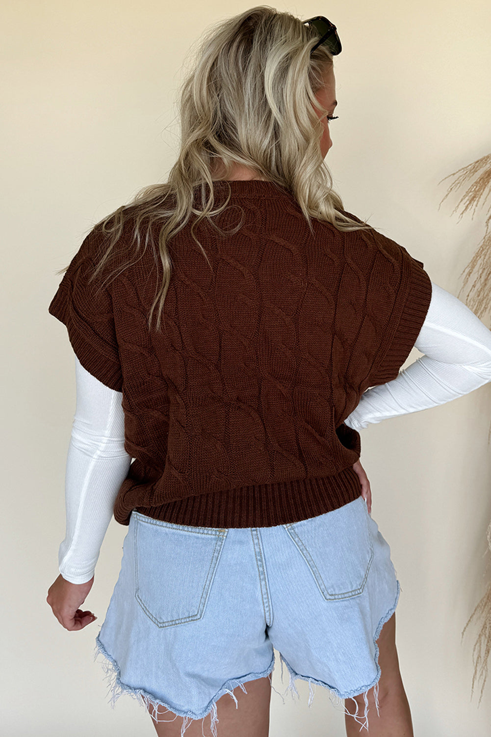 Caramel Cable Knit Cap Sleeve Sweater