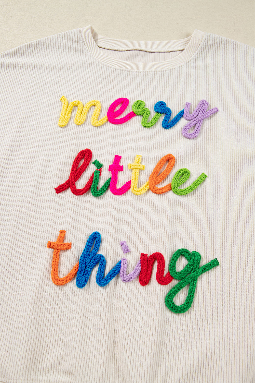 Beige merry everything Letter Graphic Ribbed Loose Sweatshirt
