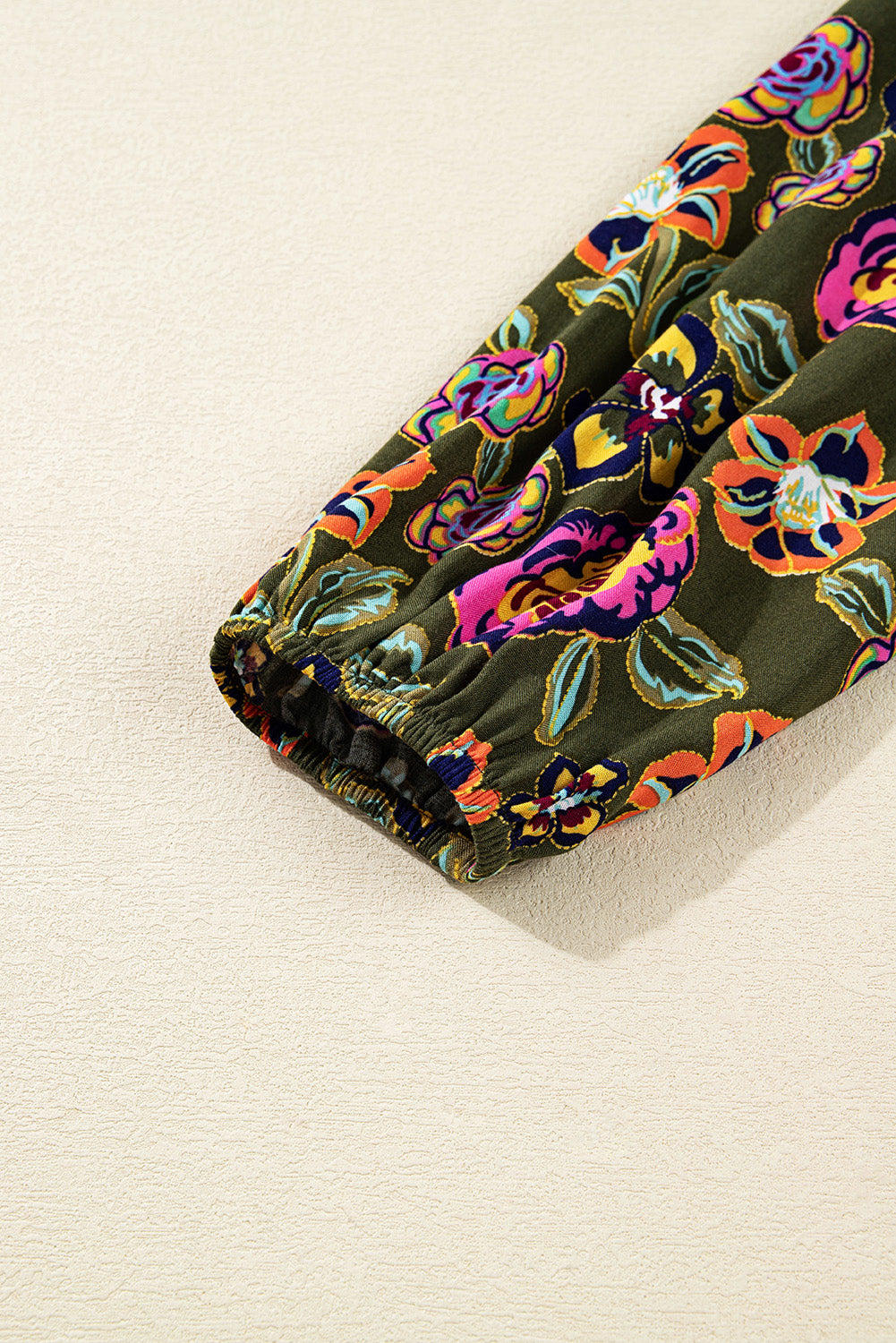 Green Floral Print Split Neck Bubble Sleeve Mini Dress