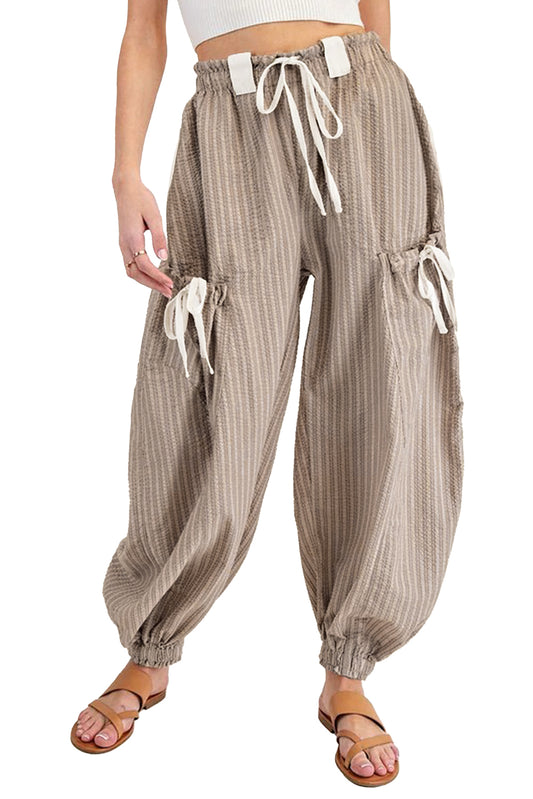 Brown Striped Pocket Knot Detail Lantern Pants