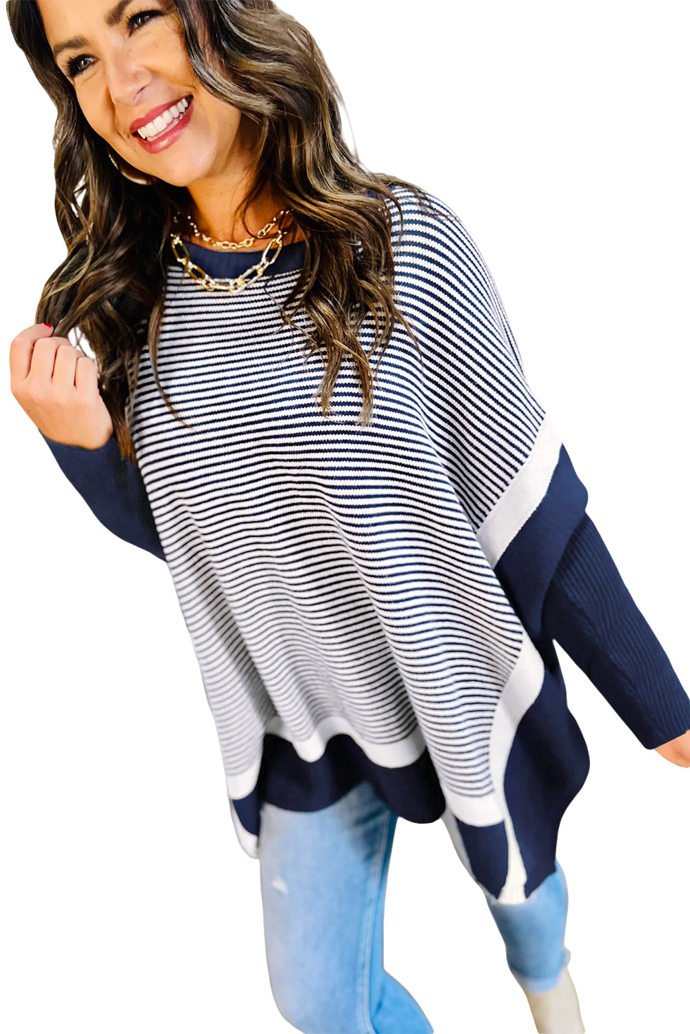 Green Stripe Color Block Patchwork Dolman Oversize Tunic Sweater