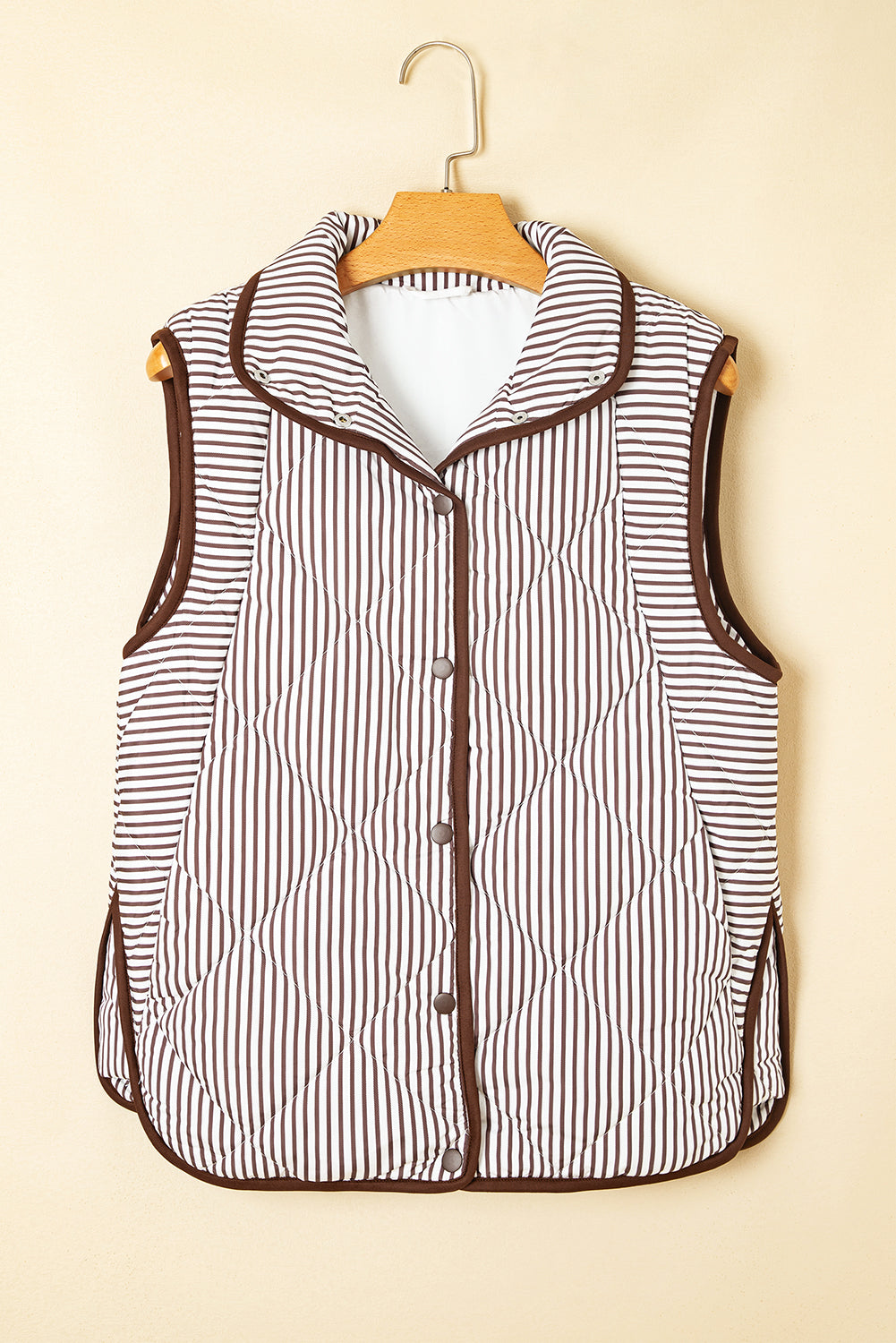Black Striped Snap Button Scalloped Hem Winter Vest