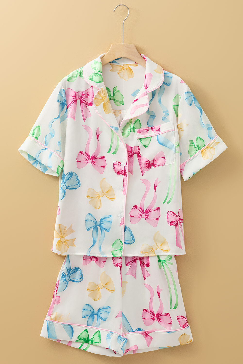 White Bowknot Print Buttoned Shirt and Shorts Pajama Set