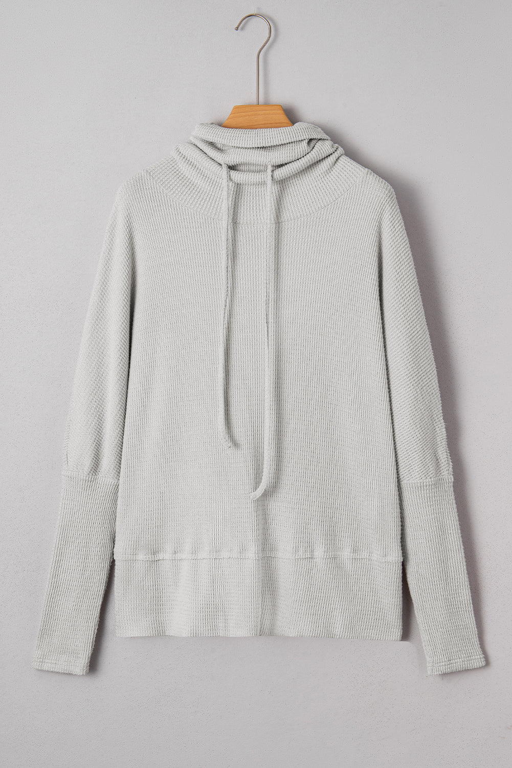 Light Grey Textured Knit Drawstring Cowl Neck Oversized Top