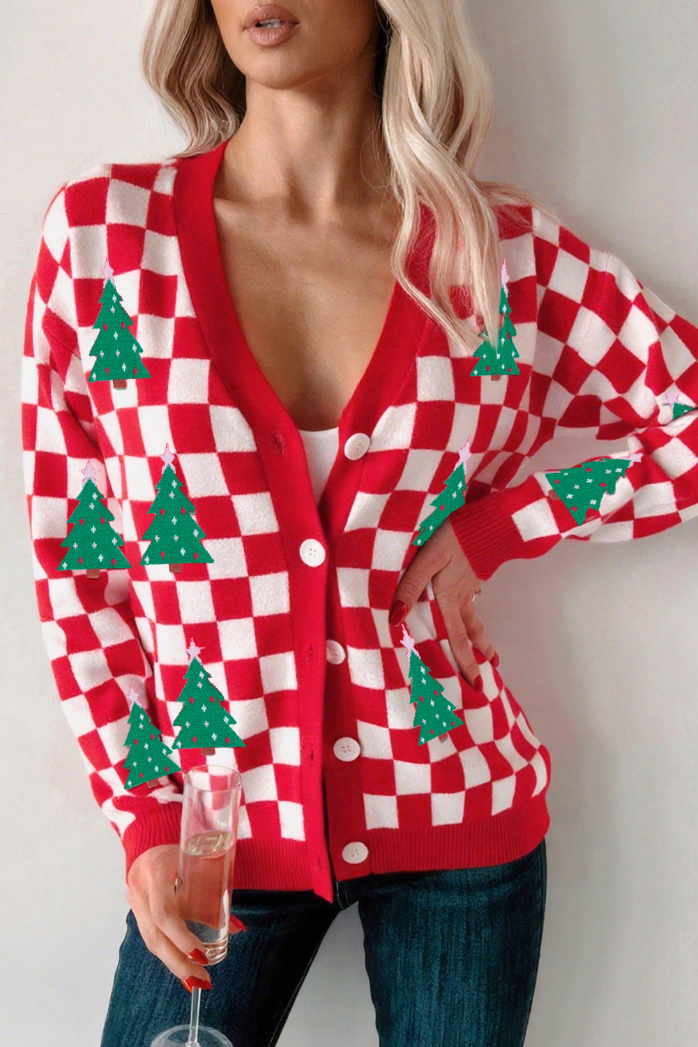 Dolan Red Checkered Christmas Tree Cardigan